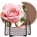 Roses Pink Rose Round Coasters Set of 6 - Abosrbent Ceramic Coasters with Metal Stand for Drinks, Coffee, Non-Slip Cork Back for Tabletop Protection, 4 Inches (Pink)