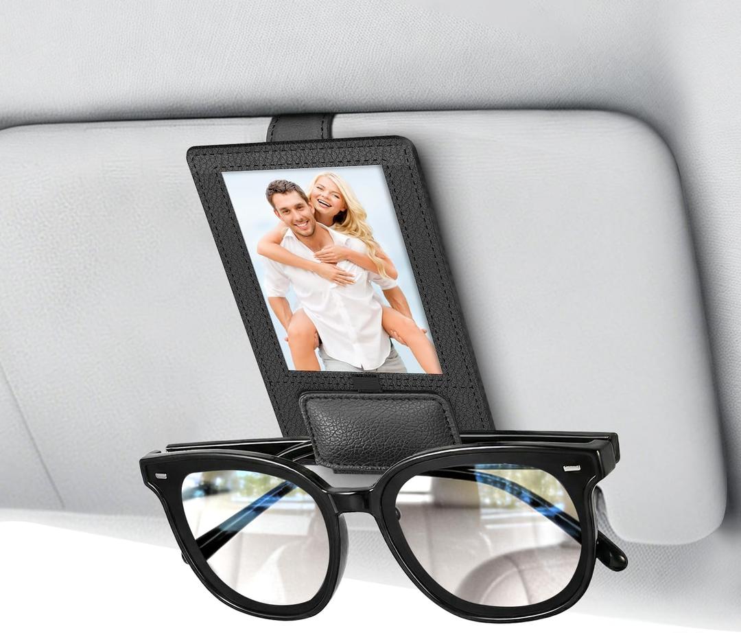 New 2 in 1 Sunglass & Photo Holder for Car, Strong Magnetic Leather Sunglasses Holder, Car Visor Picture Holder Clip, 2026 Upgraded No Fall No Slide Car Visor Accessories (Black)