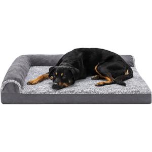 Furhaven Orthopedic Dog Bed for Large Dogs w/ Removable Bolsters & Washable Cover, For Dogs Up to 95 lbs - Two-Tone Plush Faux Fur & Suede L Shaped Chaise - Stone Gray, Jumbo/XL