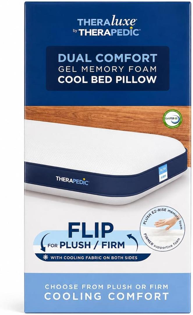 Theralux by Therapedic Dual Comfort Gel Memory Foam Pillow, Cooling Bed Pillow, Pressure Relief, Soft & Firm Support Support for All Sleep Positions Dual Size Queen - (1 Pack)