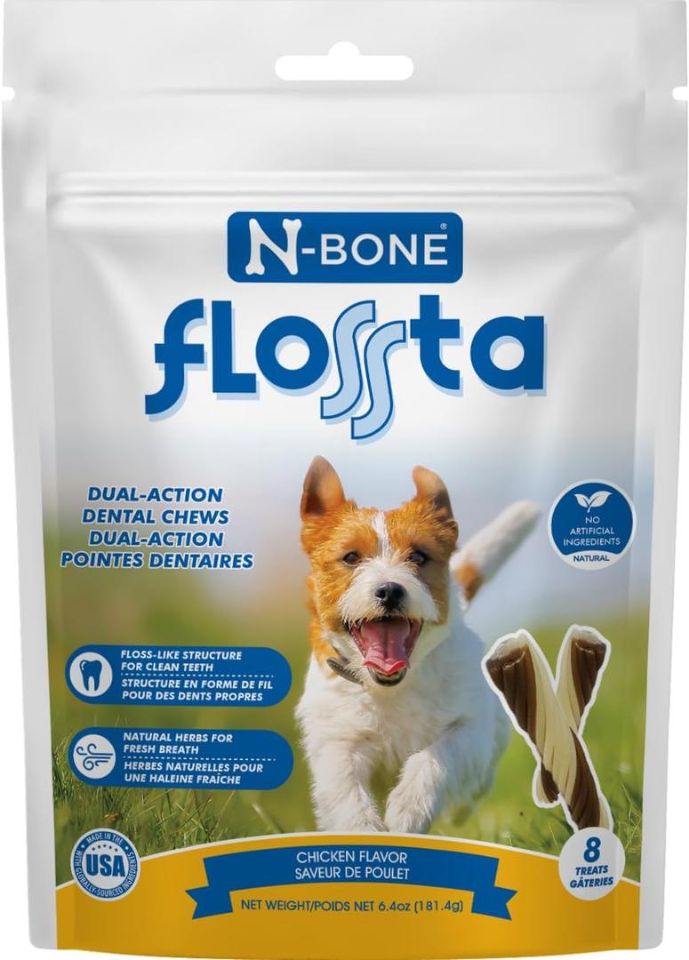 Bone FLOSSta Dental Chews for Dogs Chicken Flavor, No Dyes, Grain-Free, Breath Freshening, Plaque & Tartar Control, Digestible Teething Aid 6.4 oz Bag, Made in USA BBD 09/N1/2025