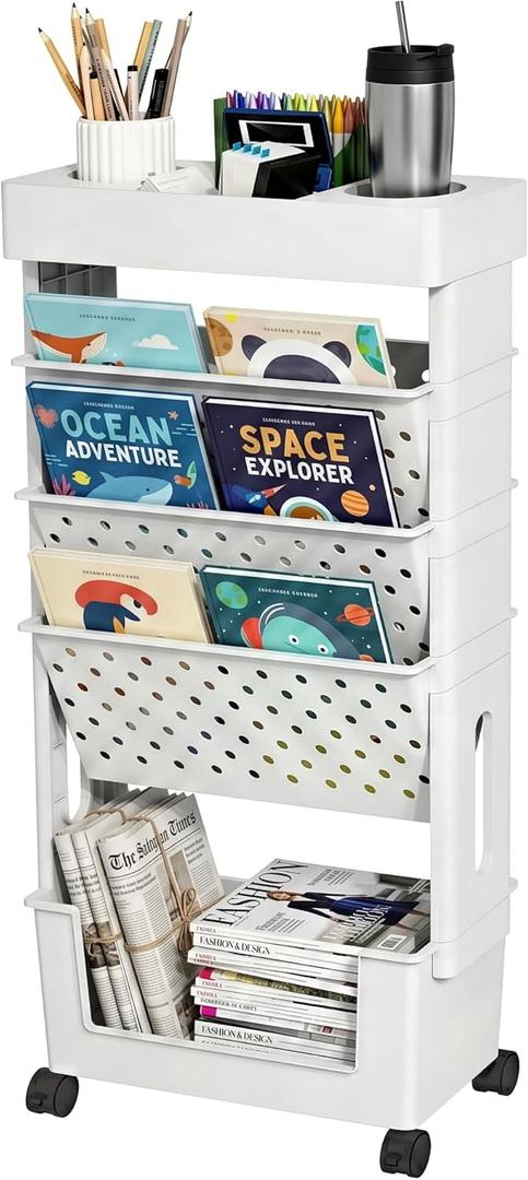 5-Tier Mobile Bookshelf, Rolling Bookcase Book Storage Rack, Movable File Folder Organizer Cart with Wheels for Home Study Office Living Room Classroom, White