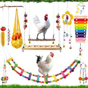11 Pack Chicken Toys for Coop Accessories - Chicken Xylophone Toy, Chicken Mirror, Chicken Ladder Bridge, Coop Swing, Vegetable Hanging Chicken Feeder, Chewing Foraging Toys, Gifts for Hens