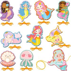 10 Pieces Kids Mermaid Lacing Cards Thick Cardboard Mermaid Sewing Cards Double Sided Lacing Playing Games for Children Toddler Developing Imagination Education Supplies