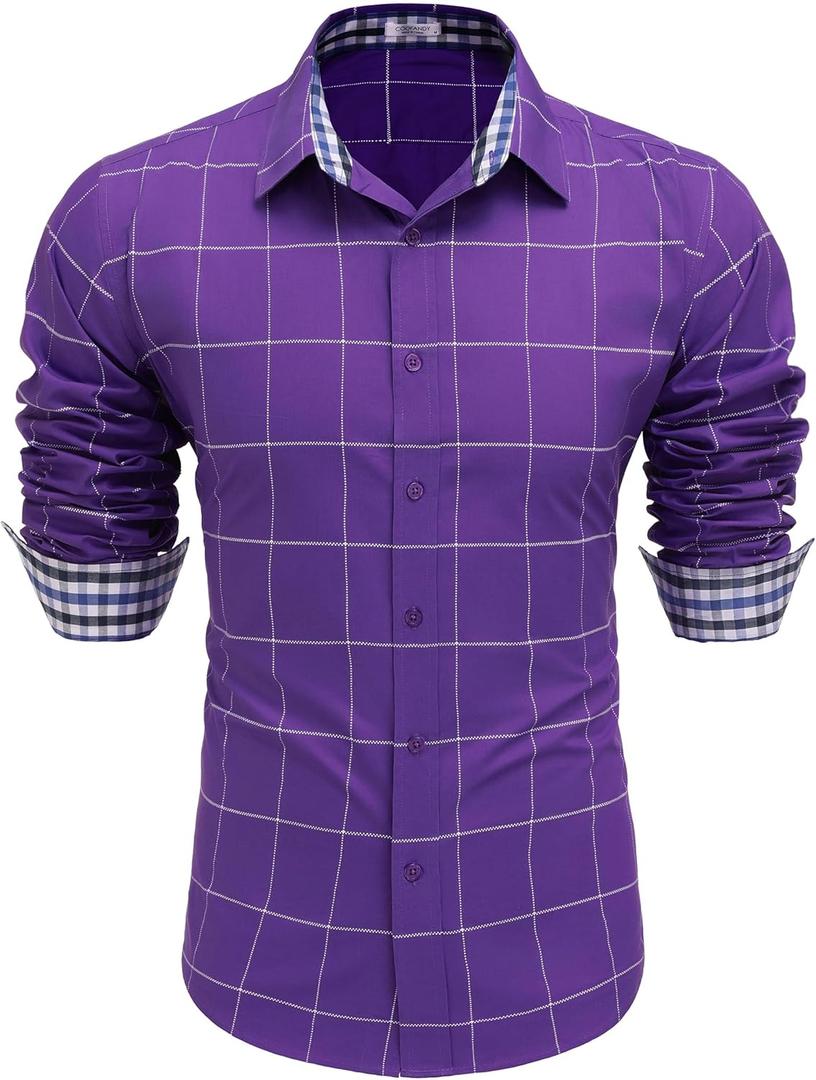 COOFANDY Mens Plaid Dress Shirt Long Sleeve Business Casual Regular Fit Button Down Shirts (Purple)