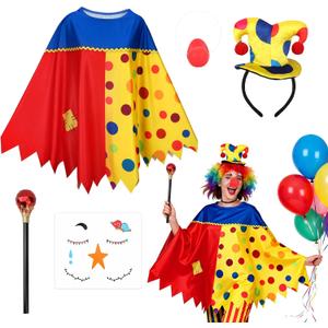 5pcs Clown Costume Women with Clown Hat Headband Poncho Cane Face Stickers and Honking Nose for Halloween Mardi Gras Party (Medium)