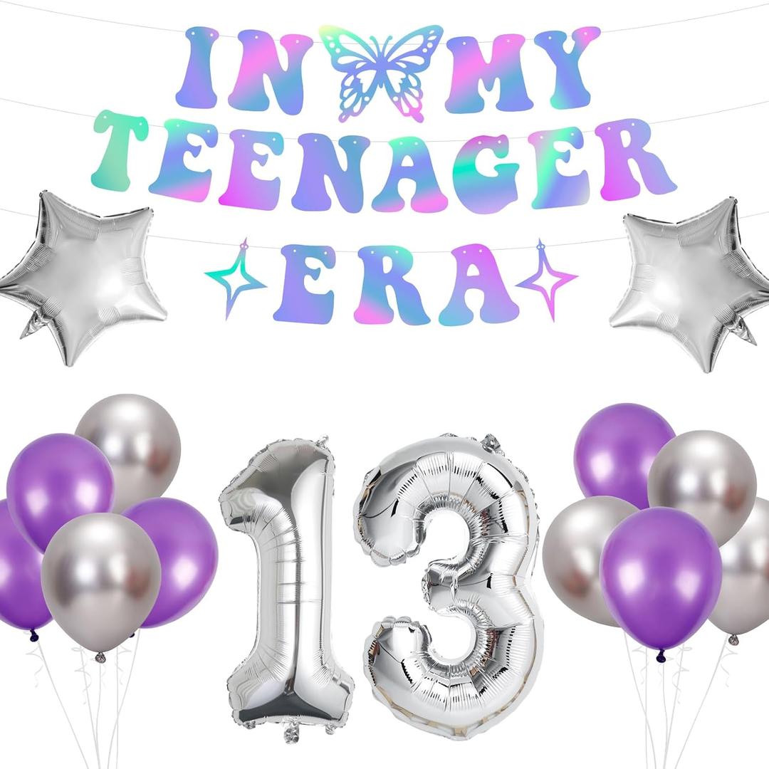 13th Birthday Decorations for Girls Iridescent In My Teenager Era Banner,Foil Balloon 13,Silver Purple Latex Balloons