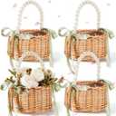 Thyle 4 Pcs Flower Girl Baskets with Handle, 7.87 x 4.33 Inch, Wicker Rattan Lightweight Brown Rustic Flower Girl Baskets for Wedding Ceremony, Bridal Shower and Home Decoration(Green Ribbon,Pearls)