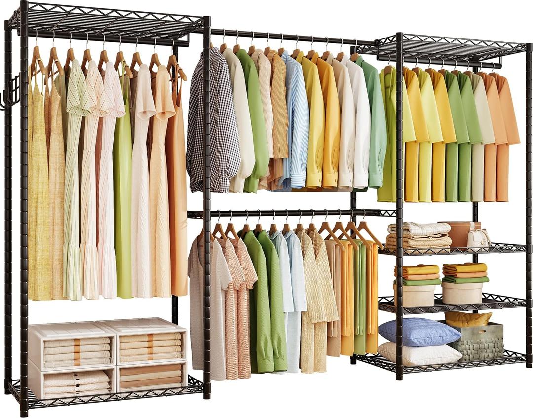 ecobedding Heavy Duty Garment Rack, 900LBS Max Load Freestanding Closet Organizer with 6 Storage Shelves & 3 Adjustable Hanging Rods, Multifunctional (Black, 15.75" D x (69.7~88.2)" W x 79.5" H)