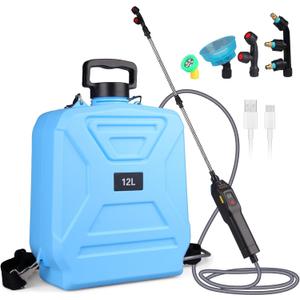 Battery Powered Garden Sprayer 3.2 Gallon Electric Pump Backpack Sprayer with USB Rechargeable Handle, Telescopic Wand, Adjustable Strap and 4 Mist Nozzles for Yard, Lawn, Cleaning (Blue, 12 L)