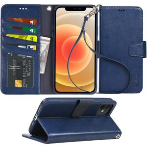 Arae Compatible with iPhone 12 Case and iPhone 12 Pro Case Wallet Flip Cover with Card Holder and Wrist Strap for iPhone 12/12 Pro 6.1 inch - Blue