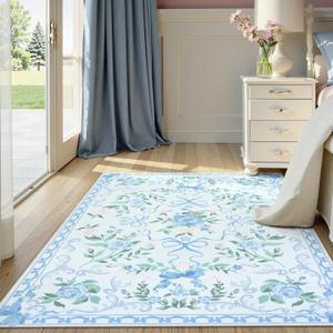 Collive 4x6 Rugs for Bedroom Girls, Boho Blue Floral Washable Area Rug Non Slip, Soft Indoor Decor Elegant Carpet for Kids Room Nursery Living Room Dining Room (Blue 4' x 6')