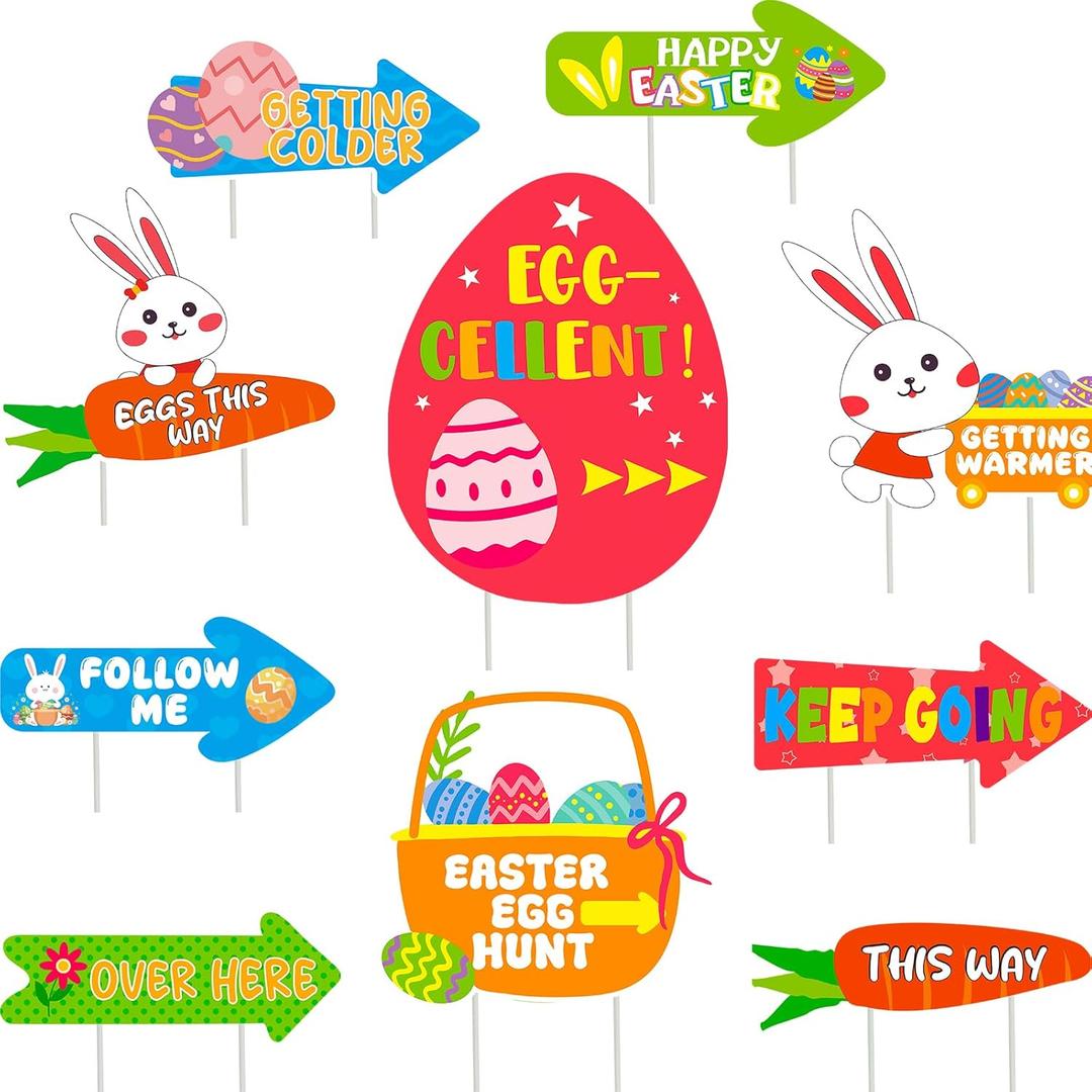 WorldBazaar 10 Pcs Easter Yard Signs Egg Hunt Arrow Easter Decorations Outdoor Lawn Yard Stake Sign Egg Bunny Basket Lawn Decor for Game Party Pathway Walkway