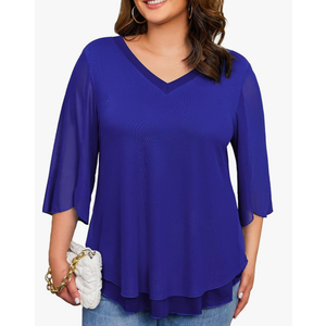 Plus Size Blouses for Women Ruffle 3/4 Sleeve Tops V Neck Casual Elegant Womens Tunic Top Mesh Loose Shirts L-4XL, 3XL, Blue