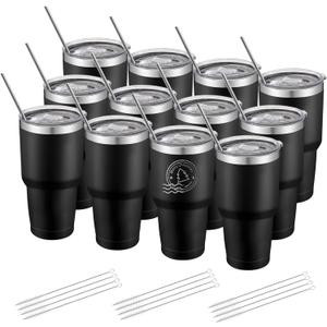 YOUKE OLA 12 Pack Insulated Tumbler Powder Coated Stainless Steel Double Wall Vacuum Travel Coffee Tumbler Cup with Lid and Straw for Laser Engrave DIY Gift 30oz Black