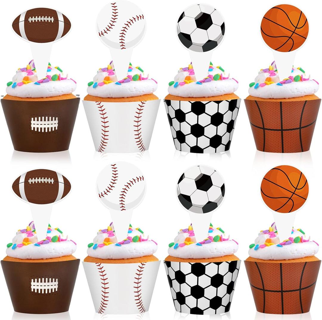 Hooqict 48 Pack Sports Cupcake Toppers and Wrappers Football Basketball Baseball Soccer Cupcake Topper Decorations Cupcake Picks for Boys Sports Theme Birthday Party Decorations