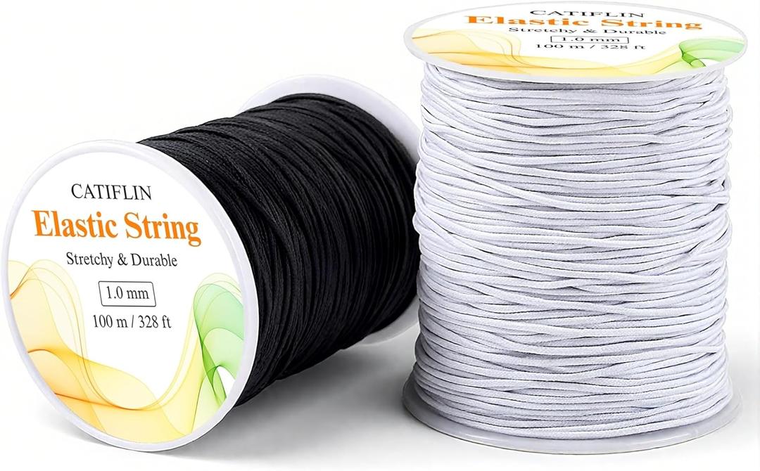 3 x CATIFLIN Elastic String for Bracelets 2 Rolls 1mm 656FT, Stretchy Cord for Beading, Jewelry Making, Pony Beads, Charms, DIY Crafts, Black and White Nylon Thread, Strong Bracelet Supplies