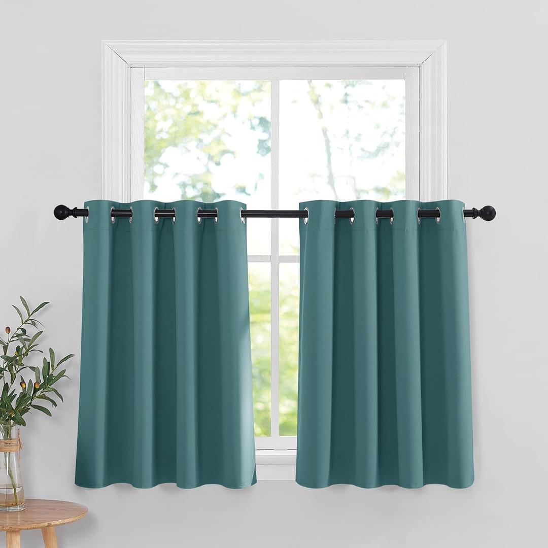 RYB HOME Blackout Tier Curtains for Kitchen - Sunlight Block Energy Efficient Thermal Insulated Drapes for Bedroom Kids Room Dining Foyer Window, 2 Pcs, 52-inch Width x 36-inch Length, Teal