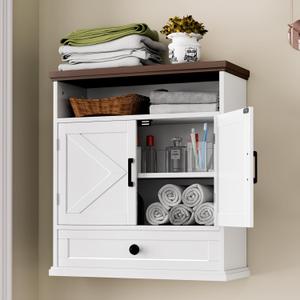 Bathroom Wall Cabinet, Farmhouse Wall Mounted Medicine Cabinet with Drawer, Barn Doors and Adjustable Shelf, 25"H x 23.6"W x 9"D White Over Toilet Storage Cabinet for Kitchen, Laundry Room, Entryway