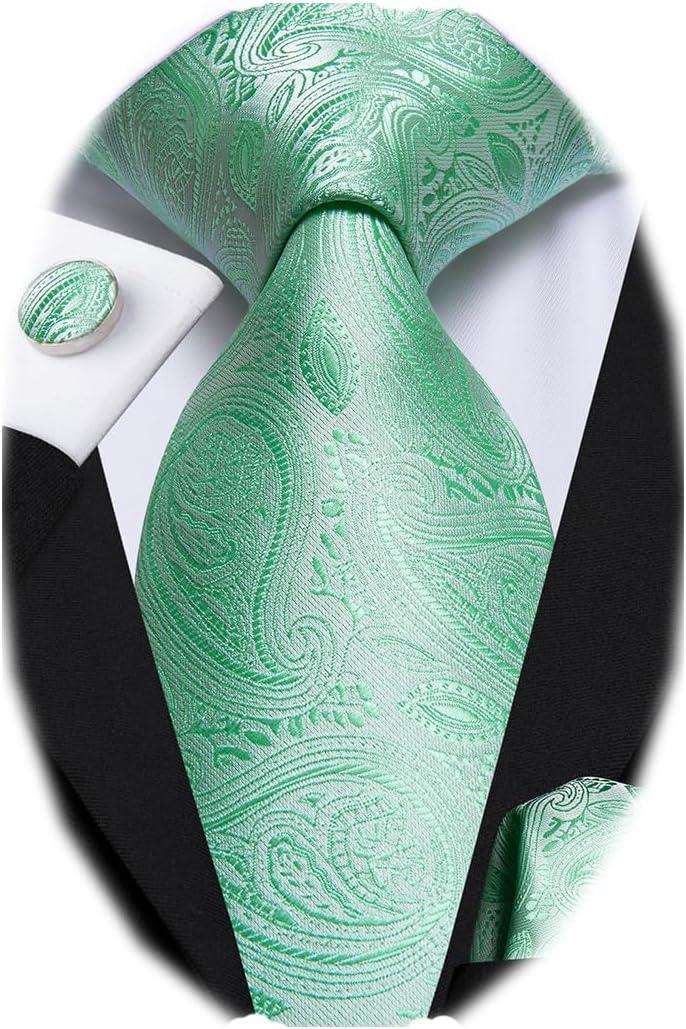 Dubulle Mens Paisley Striped Tie WOVEN Necktie for Men and Handkerchief Cufflinks Set Wedding Formal Business (B Mint Green)