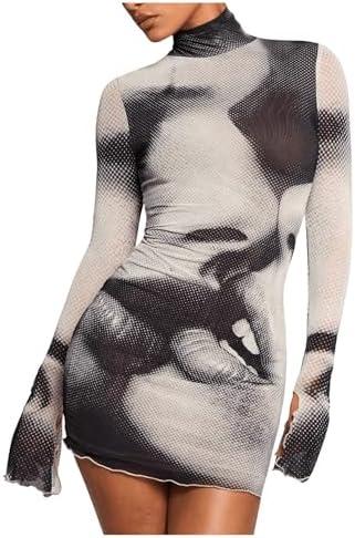 GORGLITTER Women's Mesh Long Sleeve Rave Festival Dress Y2K Fall Gothic High Neck Newspaper Going Out Club Mini Dresses S