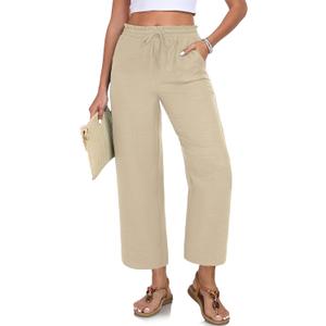 Women Casual Pants Loose High Waist Cropped Palazzo Beach Pants Summer Outfits 2025 Trendy (M, Apricot)
