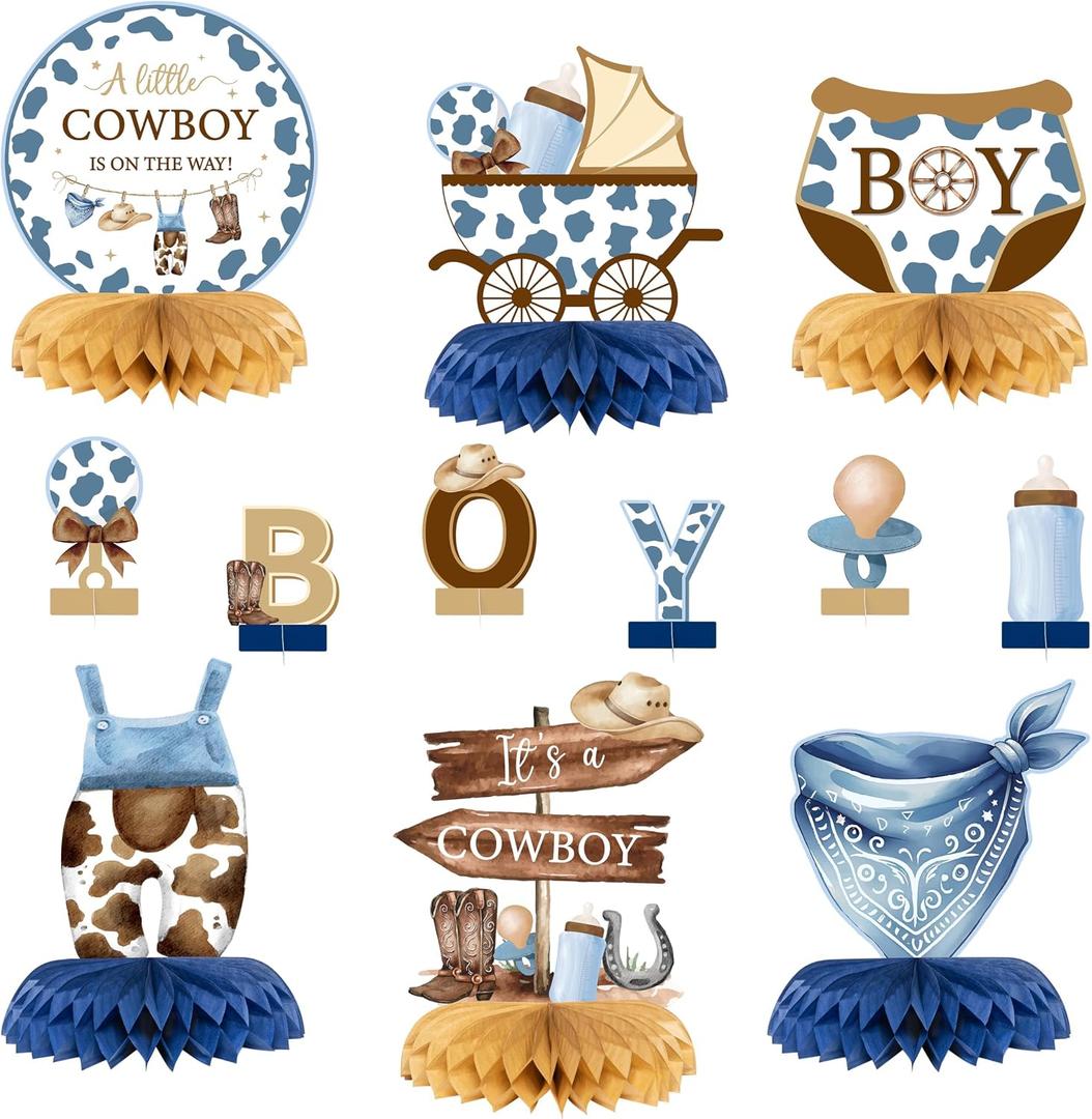 ANGOLIO 12P Western Cowboy Baby Shower Party Honeycomb Centerpieces Summer A Little Cowboy Is On The Way Boy Table Decor It's A Boy Baby Shower Party Decor for Gender Reveal Birthday Baptism Supplies