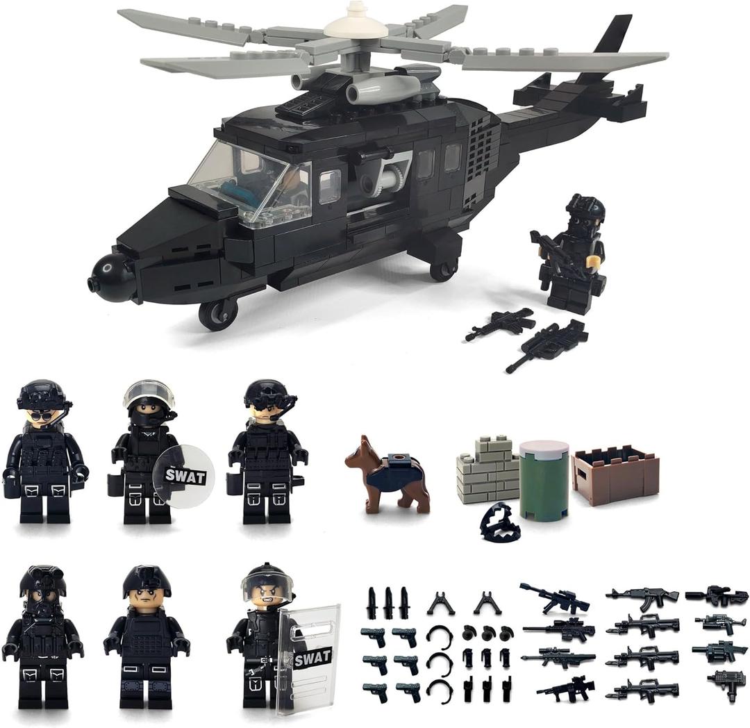 Toysvill SWAT Police Military Building Block Set| Soldiers Minifigures (8 PCS) + Police Helicopter and Accessories Gift
