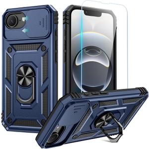 Compatible for iPhone 17e/16e Case with Screen Protector - Slide Camera Cover Protective Phone Case with Ring Stand, Heavy Duty Shockproof Rugged Bumper for iPhone 17 e Accessories Blue