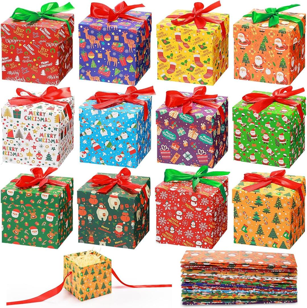Cholemy 60 Pieces Christmas Gift Boxes with Lids Small Squared Boxes with Ribbon Xmas 4x4x4 Boxes Holiday Bow Box Gift Wrap Boxes for Christmas Party Favor Present, 12 Designs(Classic Style)