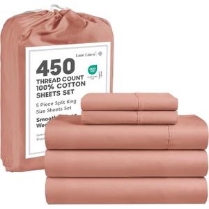 LANE LINEN Split King Sheet Sets for Adjustable Beds - 5 PCs, 450 Thread Count Split King Sheets Set - Sateen King Split Sheets for Adjustable Bed - Split Top King Sheets Set for Bed - Rose Dawn