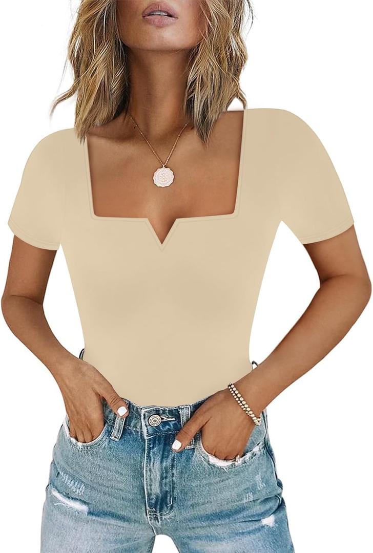Chunpin Women's Short Sleeve Bodysuit Square Neck Notch V Neck Bodysuits Double Lined Tops Going Out Outfits Thong Bodysuits (X-Large)