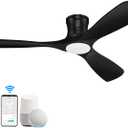 52 Smart Wood Low Profile Ceiling Fan with Lights Remote,Quiet DC Motor,Outdoor Indoor Flush Mount Ceiling Fans Controlled by WIFI Alexa App,Modern Black for Bedroom Living Room Patio Porch