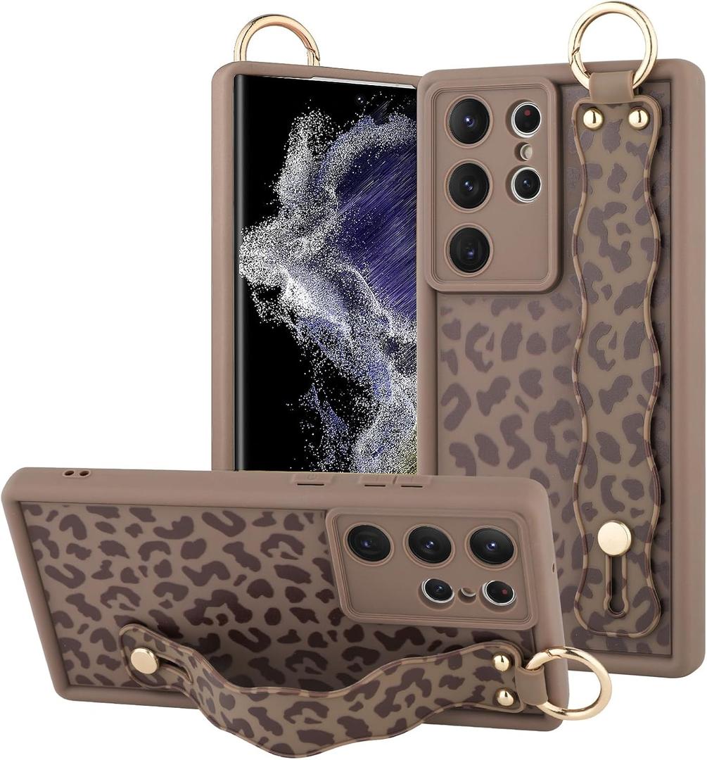 OOK Compatible with Samsung Galaxy S22 Ultra Leopard Case with Wrist Strap, Brown Leopard TPU Shockproof Protection Slim Cover with Camera Protection for Women Girls, for 6.8inch, Brown