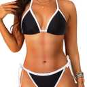 Tempt Me Women Plus Size Triangle Bikini Sets String Two Piece Halter Swimsuits with Tie Side Bottom (Black, L)