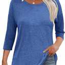Kancystore Womens 3/4 Length Sleeve Tops Casual Loose Fit Tunic Shirts Crewneck Basic Tees (Blue, L)