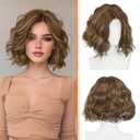 Haloo Brown Bob Wig for Women Lace Front Hairline Short Soft Wavy Curly Natural Looking Middle Part Synthetic Hair Wigs for Daily Party, 11 Inch Blonde Mixed Brown