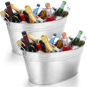 Ziliny 2 Pcs 6.3 Gallon Galvanized Beverage Tubs Large Drink Buckets for Parties Insulated Metal Ice Bucket with Handles Rustic Storage Container for Parties Beer Drinks, Silver