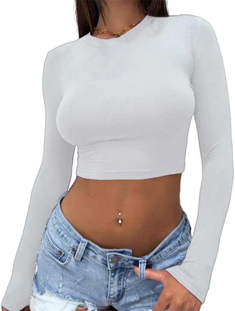 Abardsion Women's Sexy Long Sleeve Crop Tops 2025 - Basic Crew Neck Slim Fitted Fall Cropped Shirts (Medium, White)
