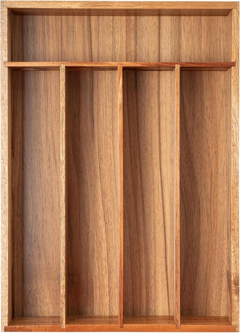 Besilord Silverware Organizer Kitchen Drawer Organizer Utensil Organizer Acacia Silverware Holder Cutlery Organizer in Drawer Flatware Organizer Tray(5 slots, Acacia