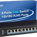 10-Port 10G/2.5G Ethernet Switch with Dual 10GBASE-T, Vimin 8X 2.5G +2 x 10Gb RJ45 Ports Unmanaged Switch, 80Gbps Capacity, 10G Switch Desktop/Wall Mount Network Switch for NAS, PC, Wireless AP
