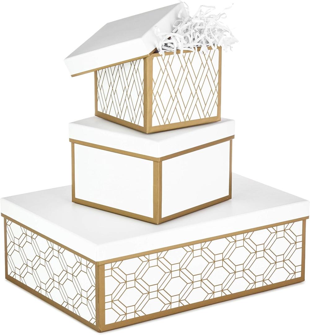 Hallmark Nested Gift Boxes with Lids and Fill (Set of 3, White and Gold, Assorted Sizes) for Weddings, Bridal Showers, Bridesmaids, Christmas, Hanukkah, Birthdays, Valentine's Day