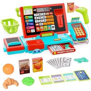 Small Toy Cash Register for Kids, Cash Register with Scanner, Real Calculator/Toy Money/Credit Cards/Food, Perfect Cash Register for Kids Ages 4-8