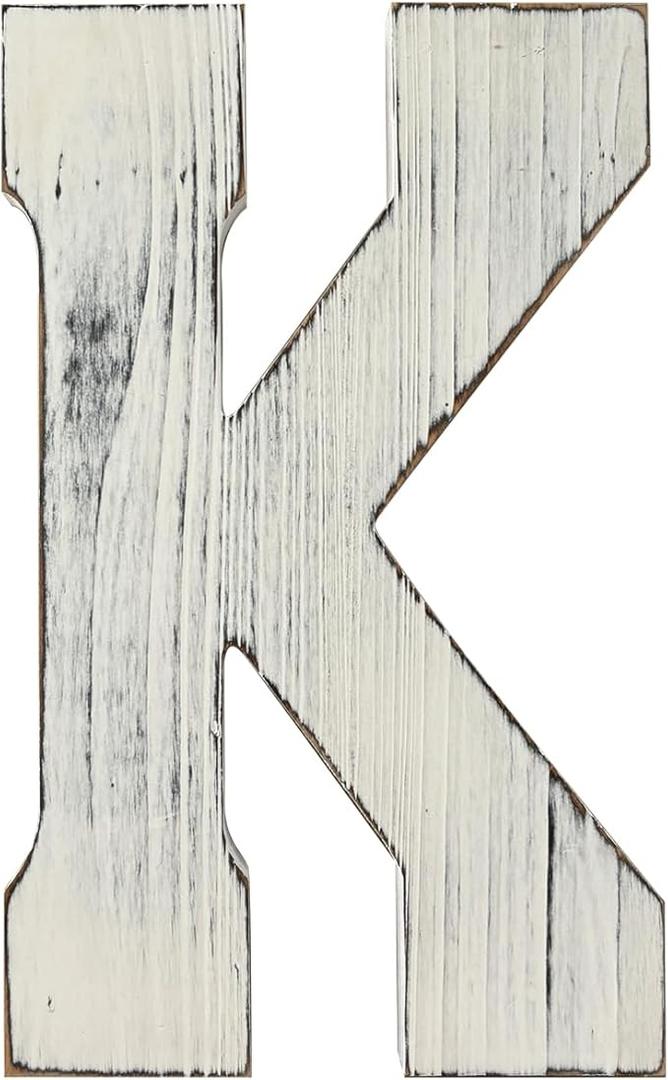 13,5" Extra Large Wooden Letter - Big Rustic Decor for Wedding, Guest Book, Nursery - Distressed (White K)