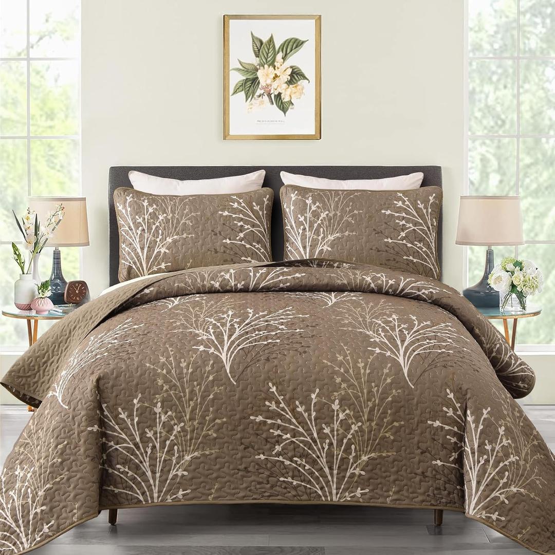 DJY Brown Quilt Set King Size - Branch Botanical Pattern Bedspread Coverlet Set, 3 Pieces Brown Floral Quilt Bedding Set, Soft Lightweight Microfiber Bed Cover for All Season (110''x90'')