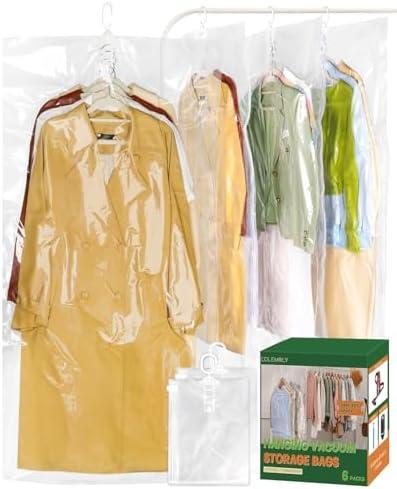 Colemoly Hanging Vacuum Storage Bags for Clothes 6 Pack 53.1x27.6 Inches Large Transparent Vacuum Seal Bags, Space Saving Storage Bags for Dresses/Coats/Suits, Waterproof/Dustproof/Wrinkle-Free