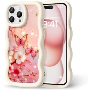 Compatible with iPhone 15 Pro Case for Women Girls, Curly Wavy Frame with Cute Pattern, Aesthetic Slim Soft Silicone TPU Bumper Shockproof Phone Case for iPhone 15 Pro - Cherry Butterfly
