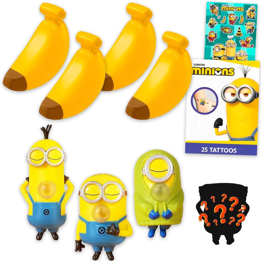 Minions Party Favor Set - Bundle of 2 Despicable Me Mystery Mini Squishy Stress Relief Figurines, Banana, Stickers, More | Minions Blind Box Pack