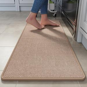 Kitchen Rugs Mat Non Slip Washable, Linen-Look 0.3" Thick Soft Cushioned Absorbent Kitchen Mats for Floor, Mild Anti-Fatigue Runner Rug Sink Mat Laundry Standing Mats, Easy Clean, Brown 17"x47"
