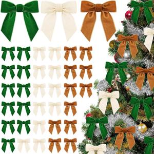 36 Pcs Christmas Velvet Bows Vintage Rustic Xmas Tree Velvet Ribbon for Stairs Wreath Fireplace Garland Home Decor Winter Party Indoor Outdoor(Ivory,Brown,Dark Green,3.15x3.15In)